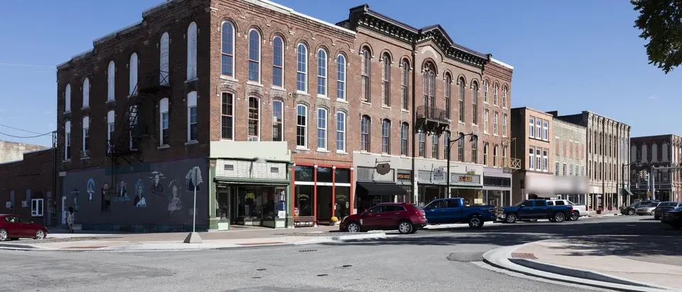 Brick storefronts on the courthouse square in Delphi, Indiana